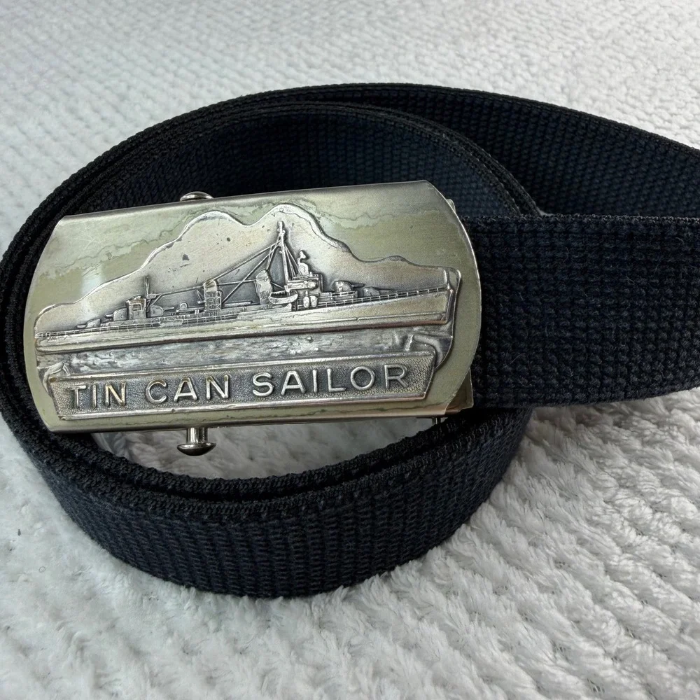Tin Can Sailor Navy Destroyer Ship Buckle Black Canvas Web Belt Mens Military